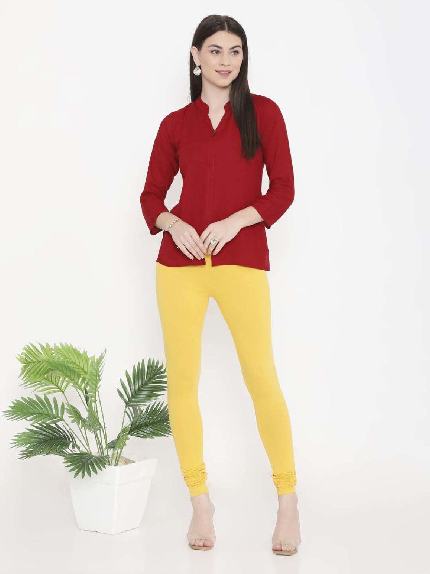 FEELINGS Yellow Plain Churidar Leggings