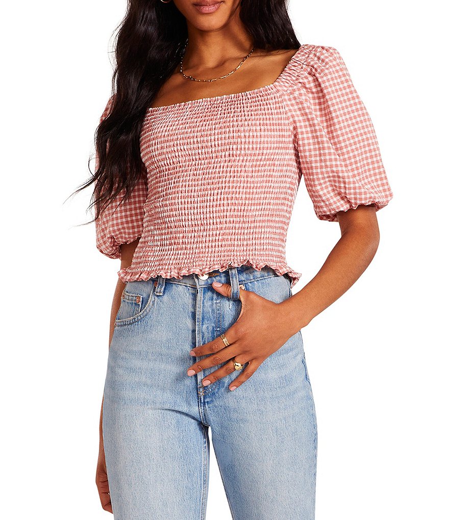 BB Dakota by Steve Madden Sunshine Superwoman Gingham Print Square Neck Puff Sleeve Top