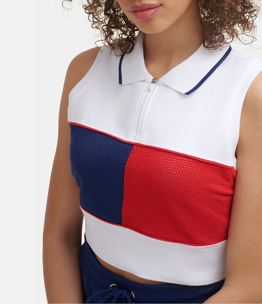 Tommy Hilfiger Sport Cropped Polo Sprint Mesh Colorblock Sleeveless Top