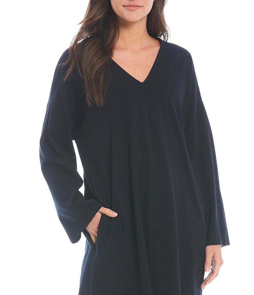 Bryn Walker Bingley Cotton Knit Jersey V-Neck Long Sleeve Drop Shoulder Shift Dress