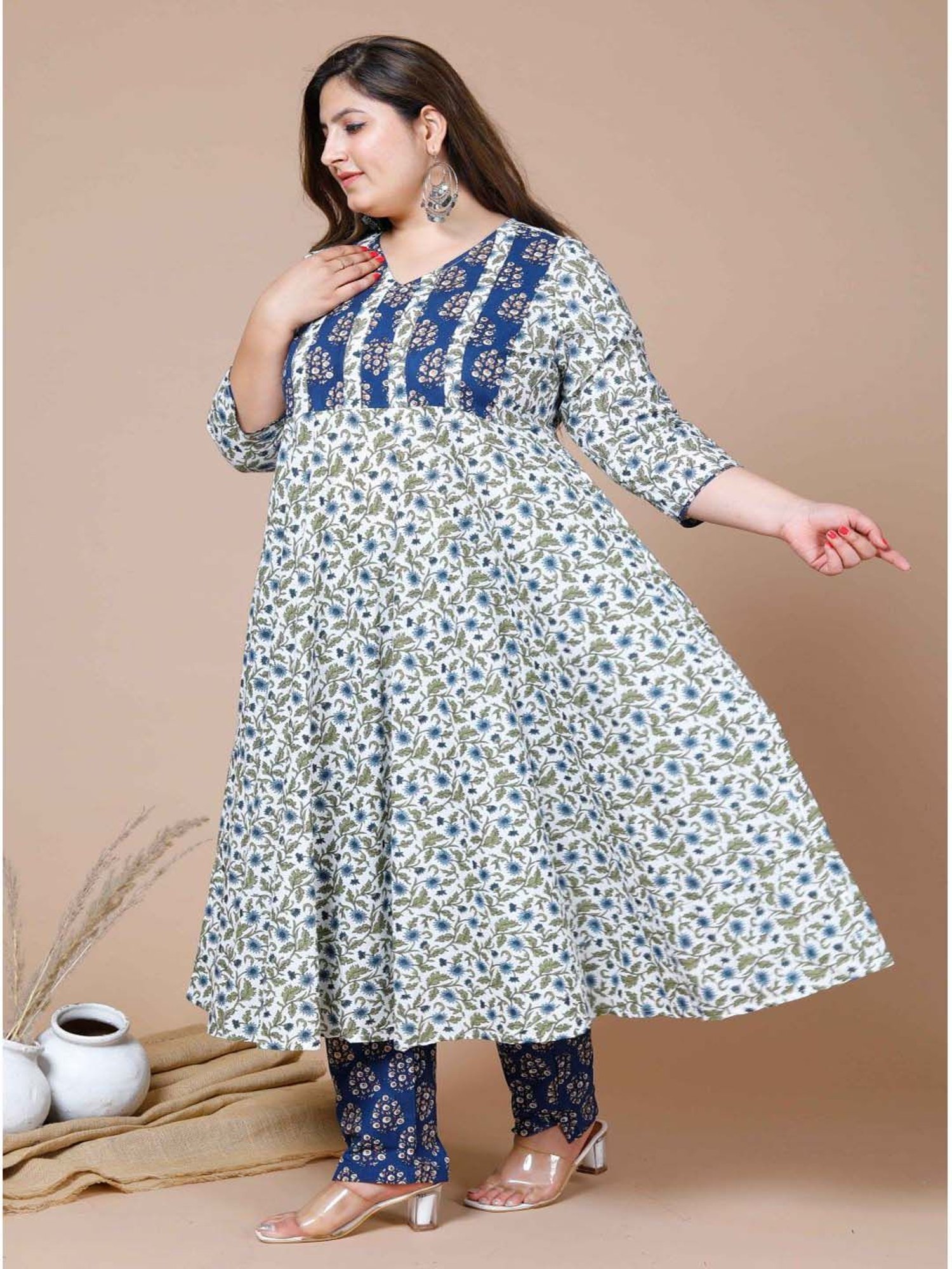 Miravan Blue Cotton Printed Kurta Pant Set