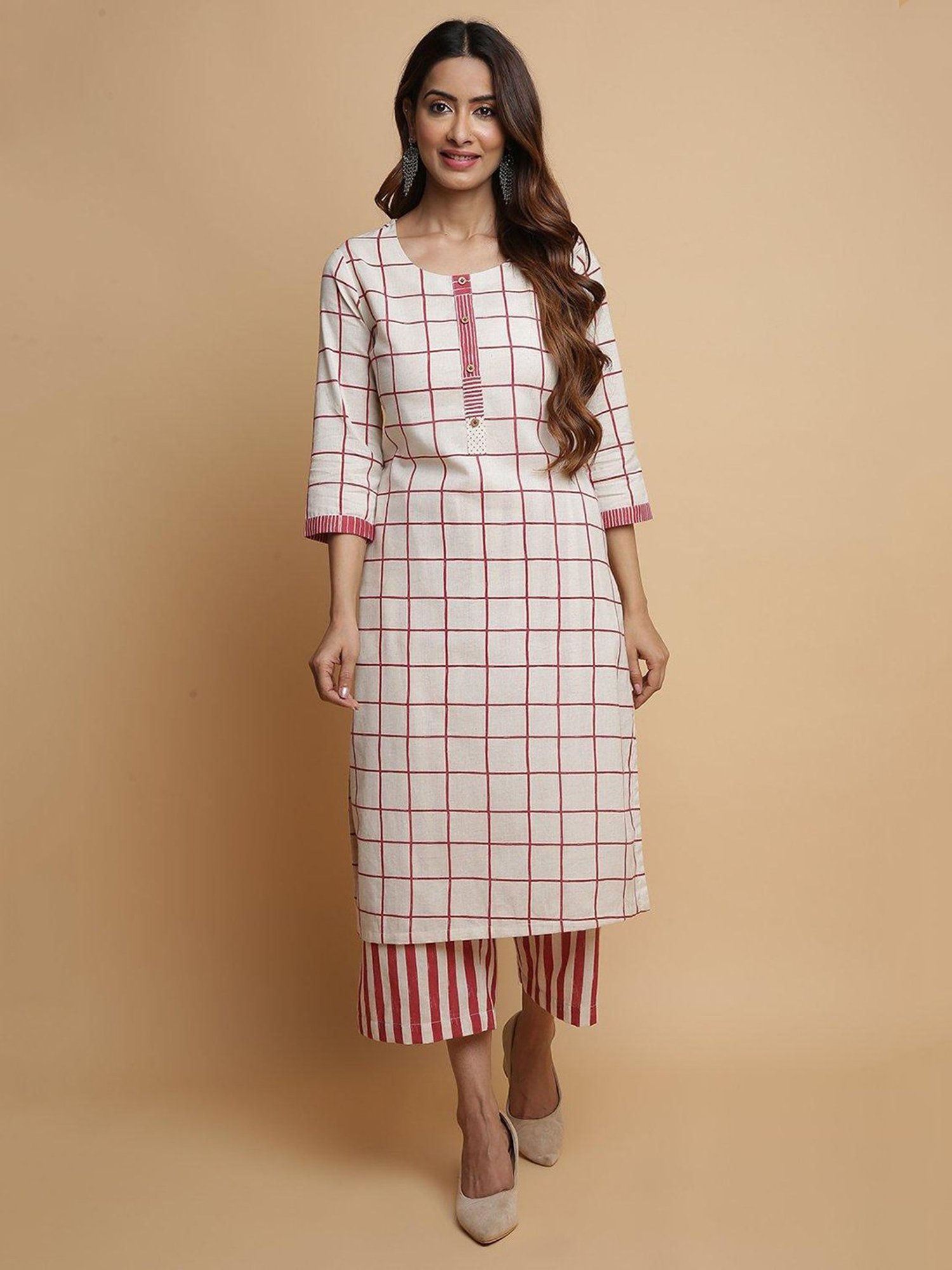 Biba Beige Check Kurta & Palazzo Set