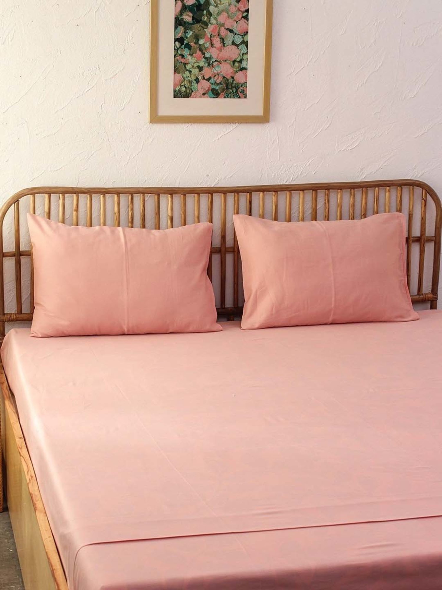 House This Piyambu Solid Pink 180 TC Cotton Queen Bed Sheet Set with 2 Pillow Covers