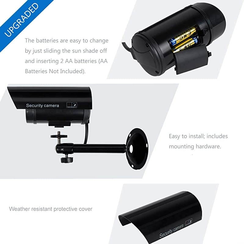 Bullet Dummy Fake Surveillance Security CCTV Dome Camera Indoor Outdoor with 1 LED Light, Security Alert Sticker Decals (TC-B2), 2 Packs, Black