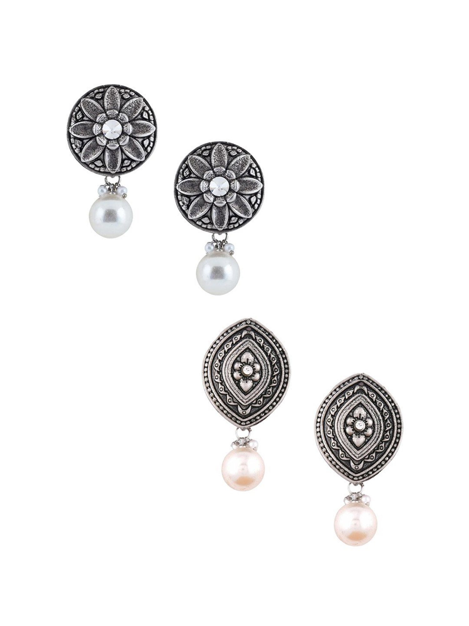 Oomph Silver Oxidized Silver Look Alike Floral Design Drop Earrings - Set of 2