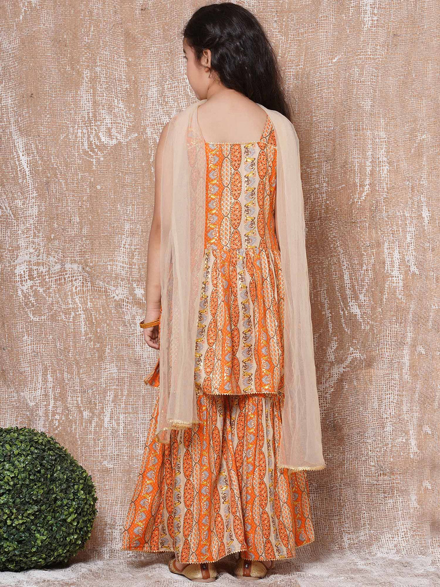 AJ Dezines Kids Orange & Beige Floral Print Kurta, Sharara with Dupatta