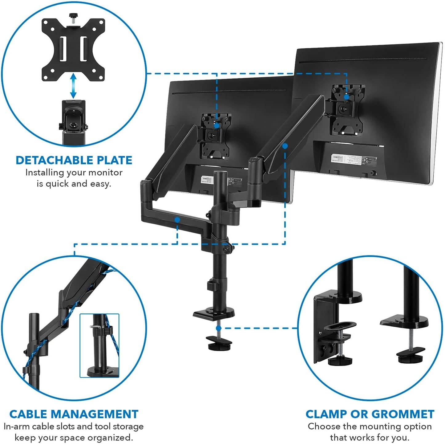 Dual Monitor Arm Mount Desk Stand | 2 Vertical Stackable Arms | Articulating Double Gas Springs Height Adjustable | Two 24 27 29 30 32 Inch VESA 75 100 Compatible Screens | Clamp and Grommet