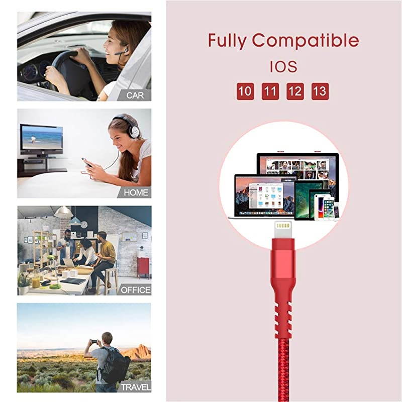 Lightning CableCertified Charger Cable for iPhone4Pack 33FT 66FT Nylon Braided USB Lightning Cable for iPhone X8 Plus87 Plus76 Plus66S Plus6s5iPad and Morered