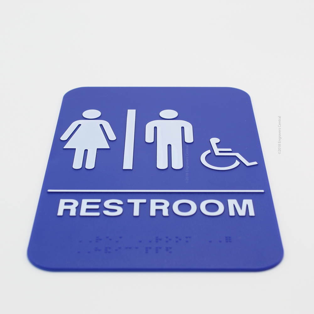Unisex Braille Restroom Sign with a Wheelchair Icon for Handicap - 6x9 ADA Bathroom Sign with Double Sided Adhesive Tape on Back - (Blue Background)