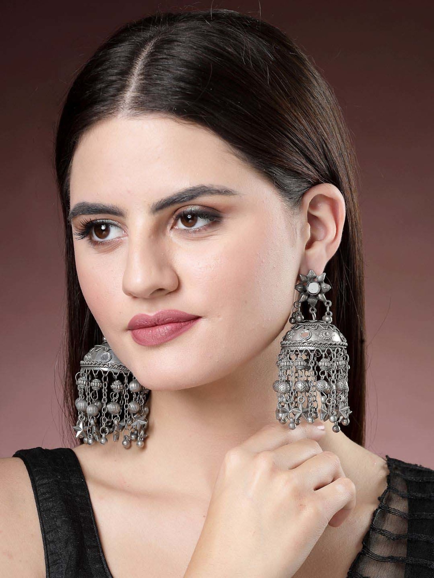 NVR Silver Plated Oxidized Mirror Work Contemporary Jhumki Earrings for Women