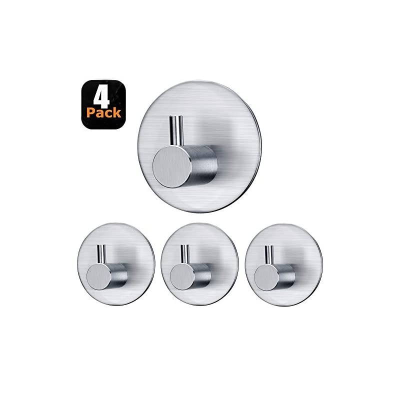 Adhesive Hooks Heavy Duty Towel Hanger Stick on Hooks for Hanging Door Cabinet Stainless Steel Towel Holders Sticky Hooks Wall Hangers-Kitchen Bathroom Home (Round Base)-4 Packs