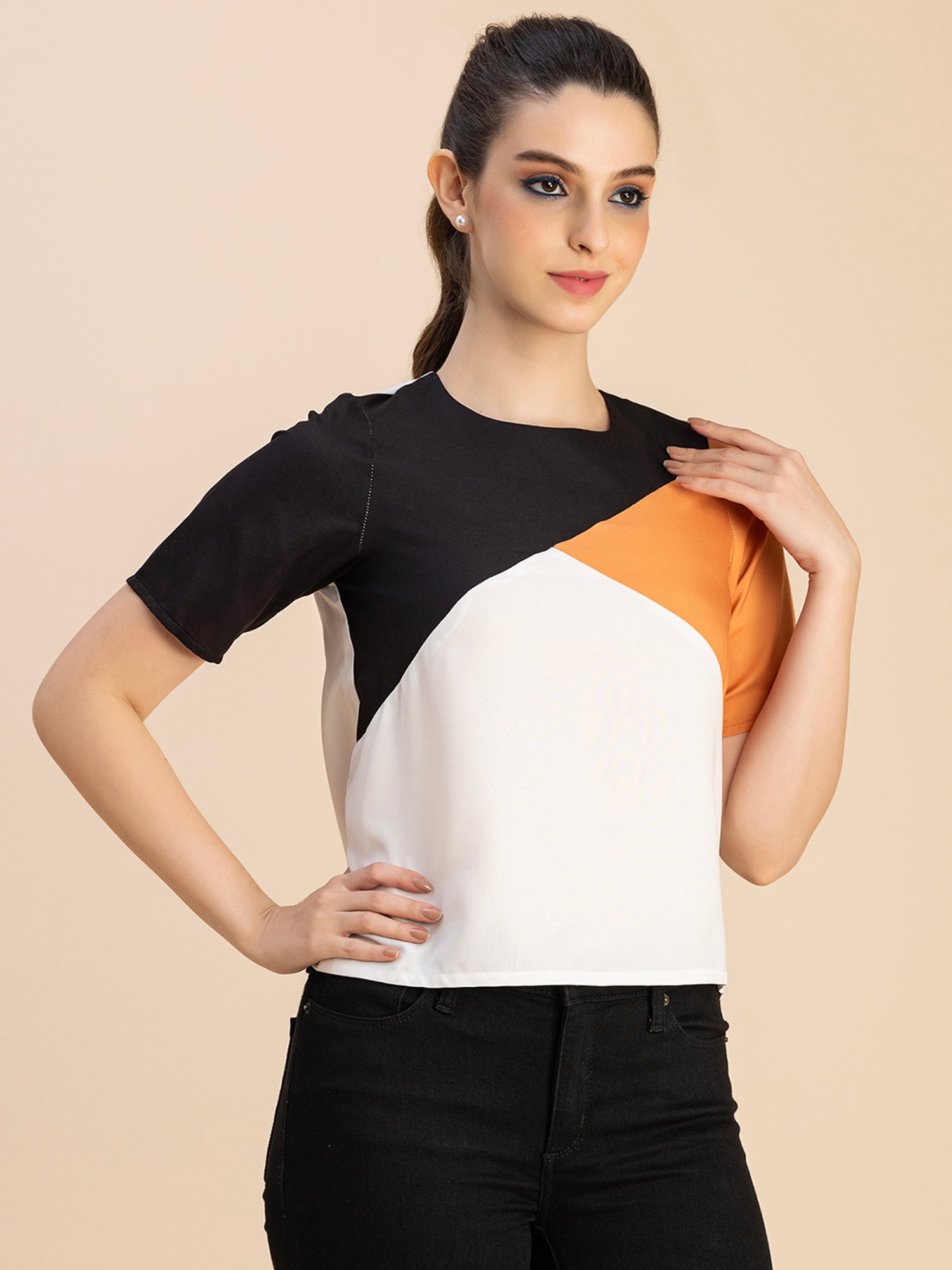 Moomaya Black & Orange Color-Block Top
