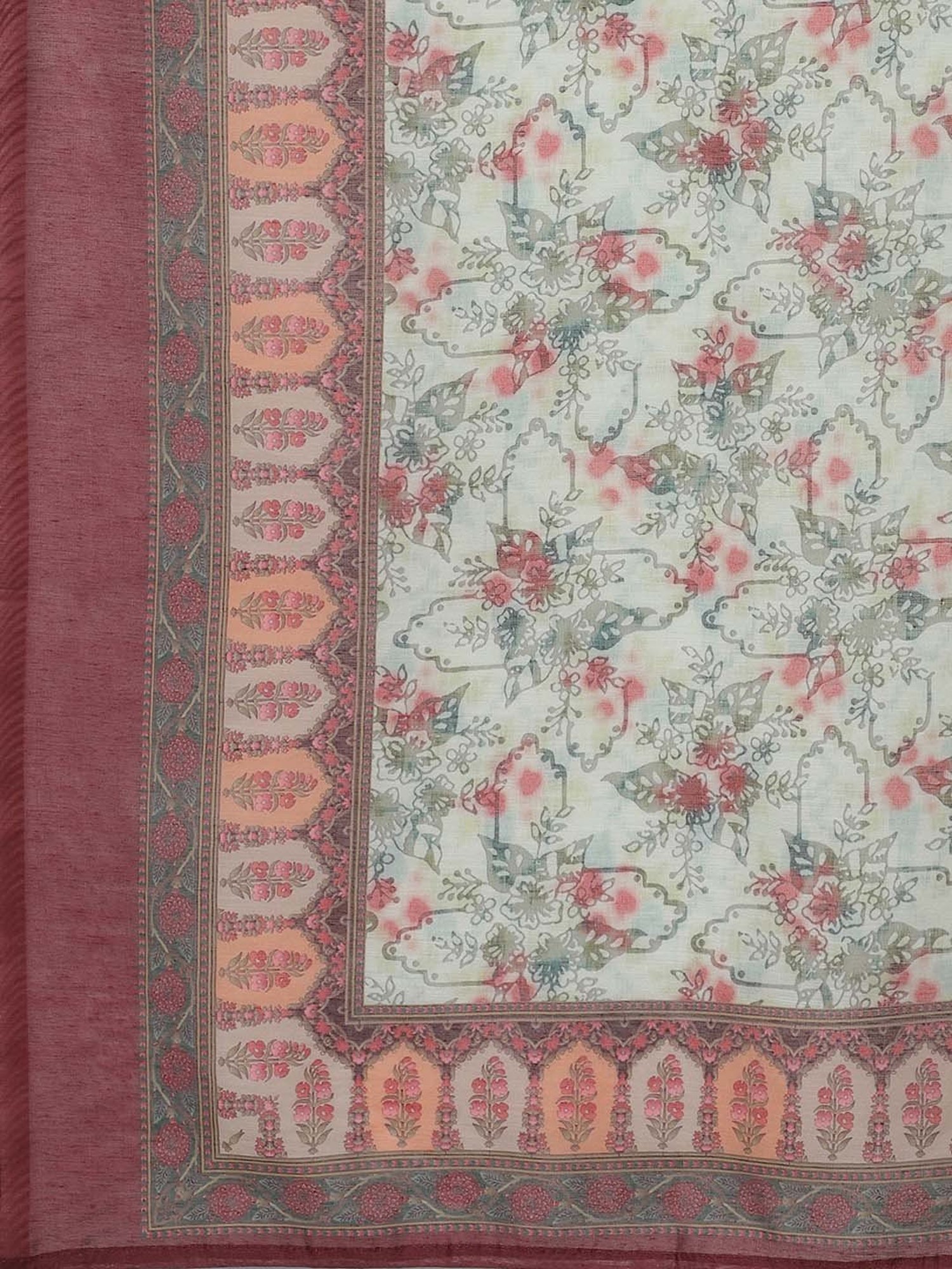 Sringam Beige & White Floral Print Kurta Pant Set With Dupatta