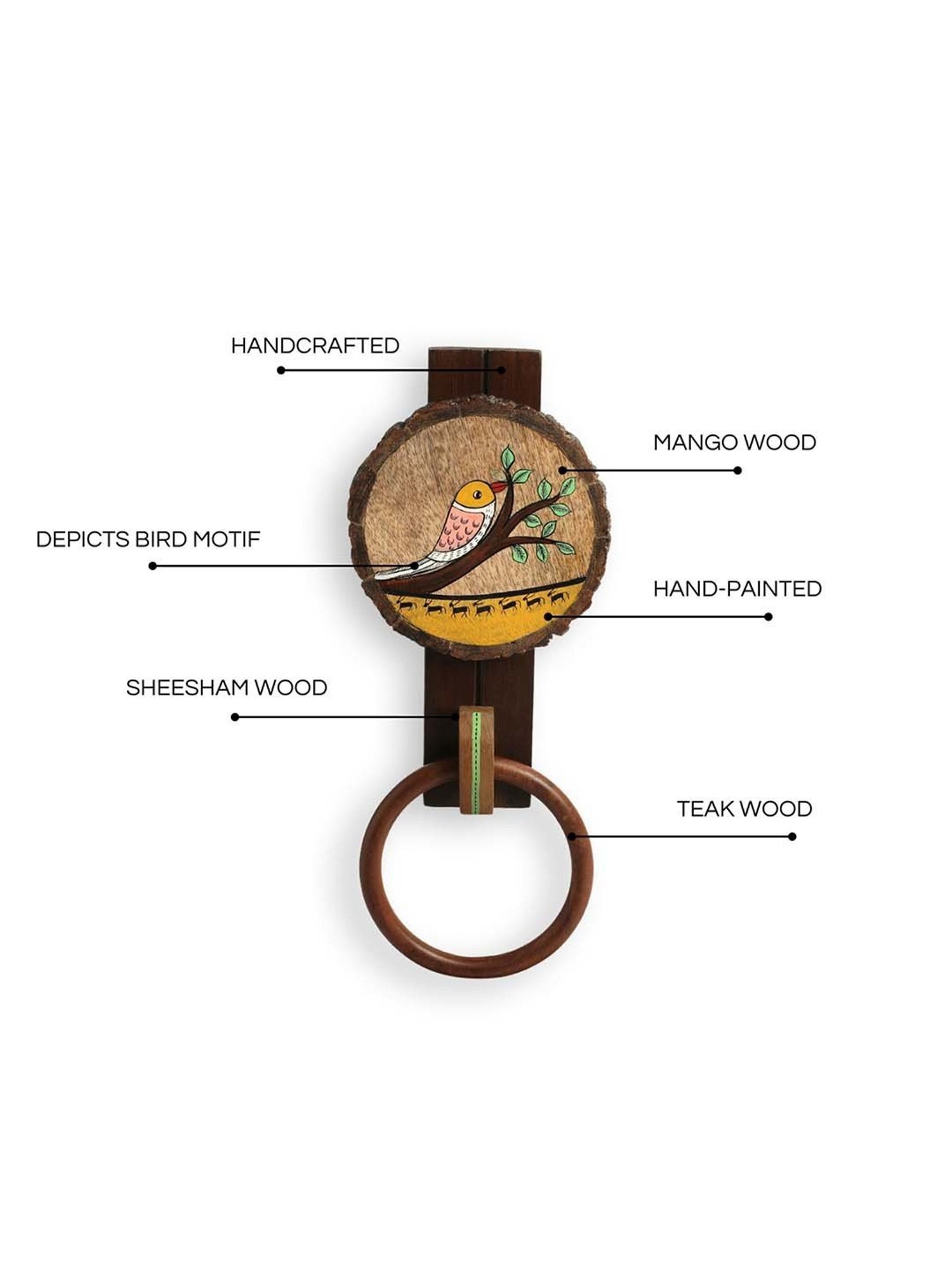 ExclusiveLane Singing Bird Dark Brown Mango Wood Hand Towel Ring Holder