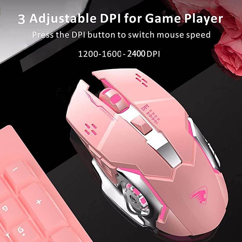 T85 Rechargeable Wireless Mouse 24G Ergonomic Silent Gaming Mice Portable Optical with USB Receiver 3 Adjustable DPI 6 Buttons LED Lights Compatible with LaptopPCChromebook Pink