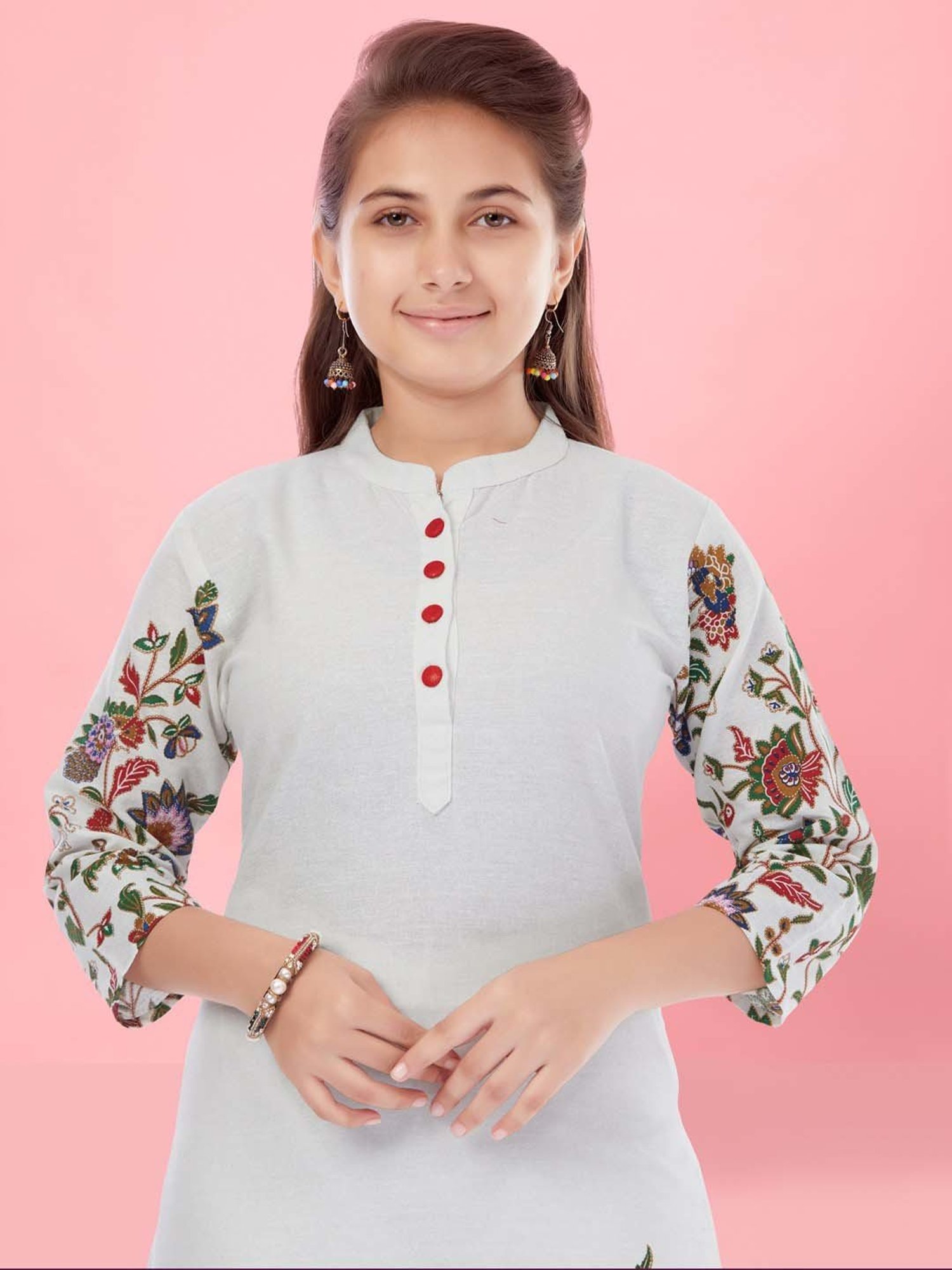 Aarika Kids White Cotton Floral Print Kurti