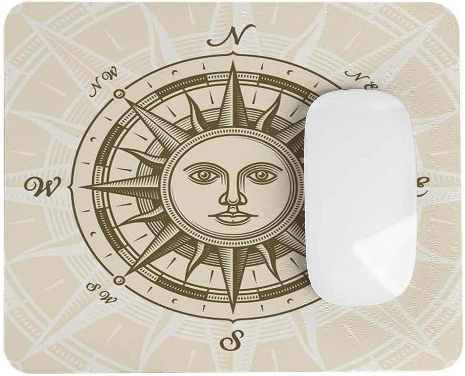 Wozukia Compass Mouse Pad Sun Face Ancient Travel Nautical East West South North Rose Vintage Personalized Design Non-Slip Rubber Mouse Pad Rectangle Mouse Mat 9.5x7.9 Inch