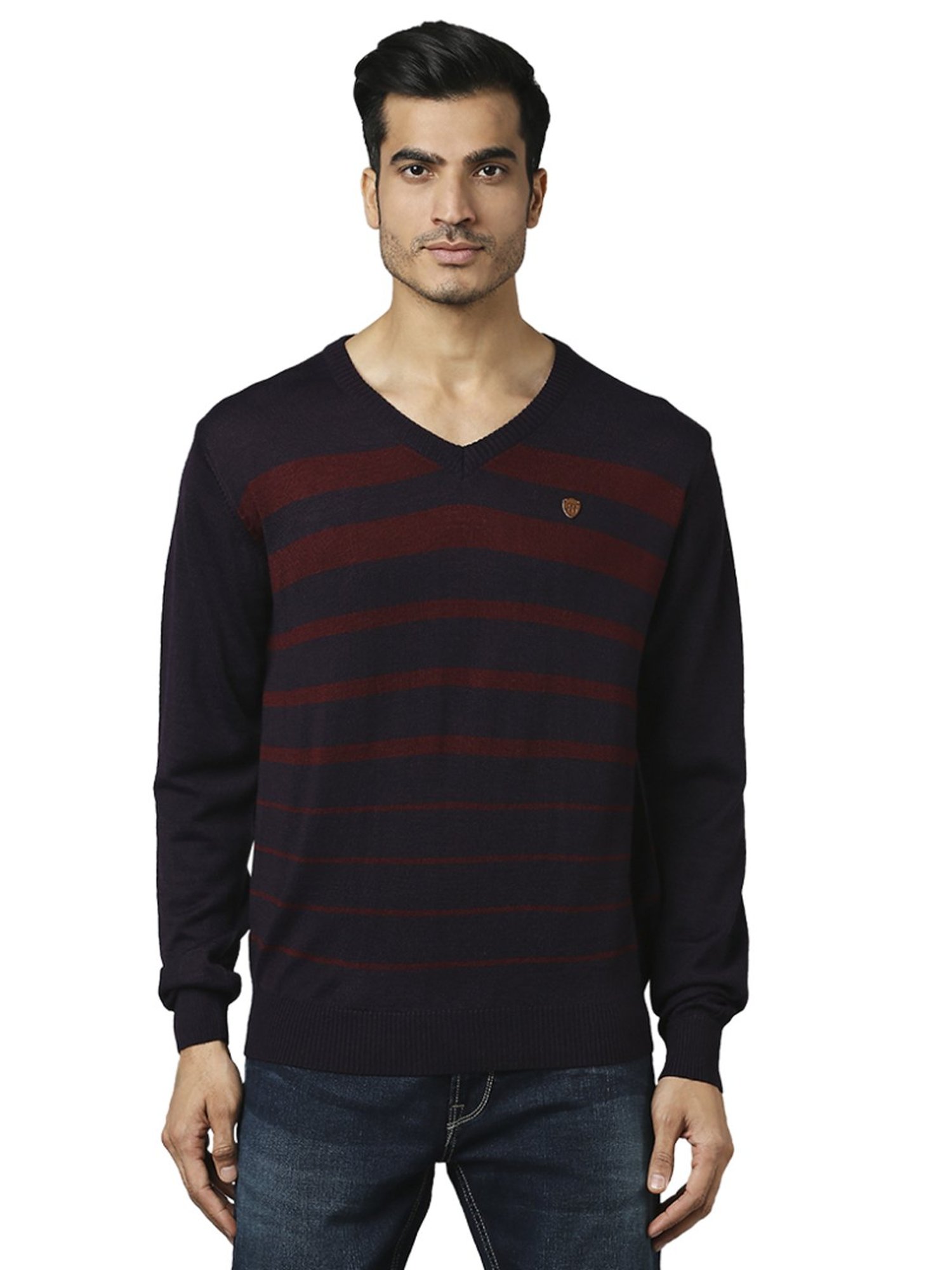 Raymond Purple  Regular Fit Striped Sweaters