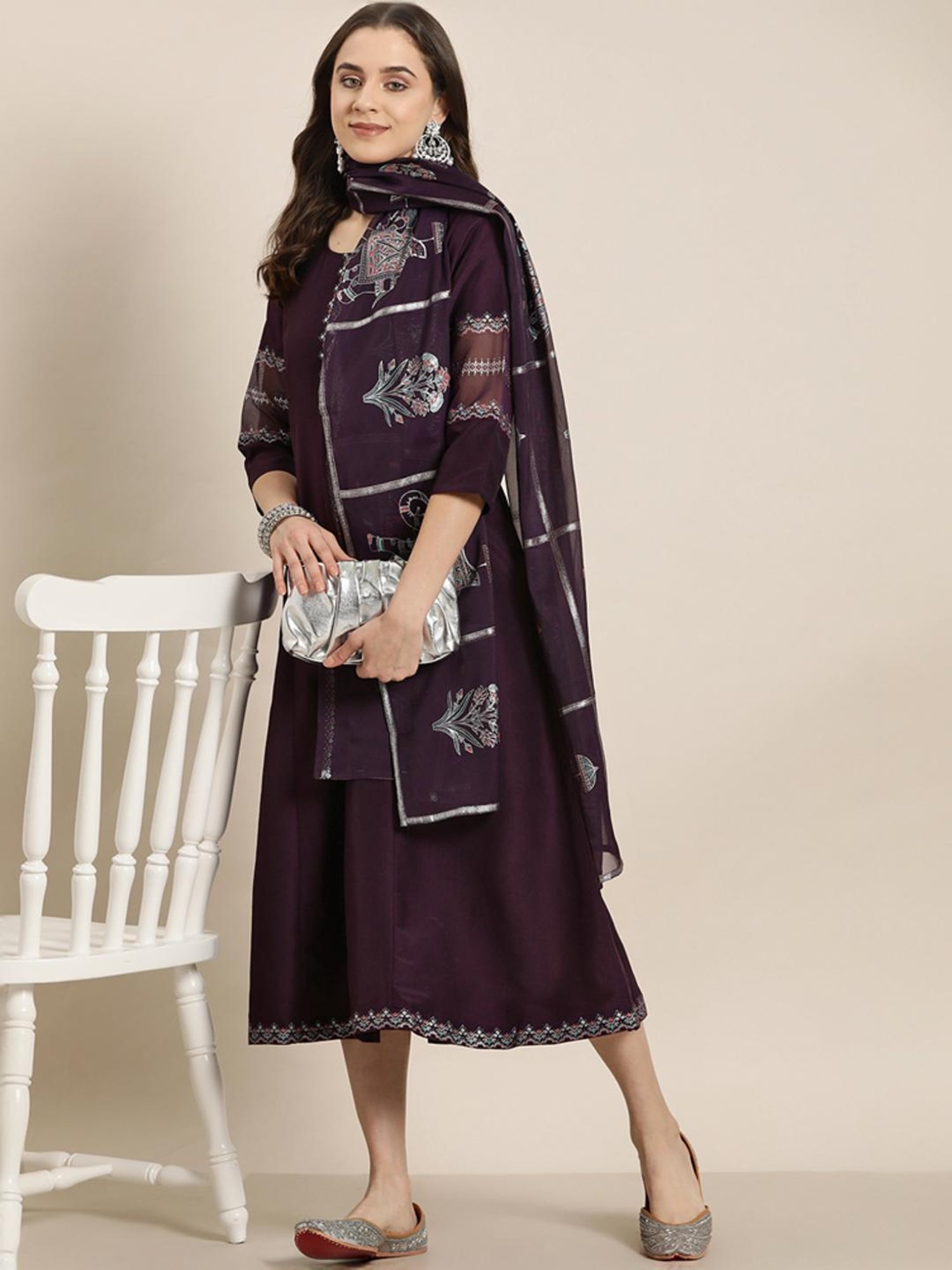 Ziyaa Purple Printed A-Line Dress With Dupatta