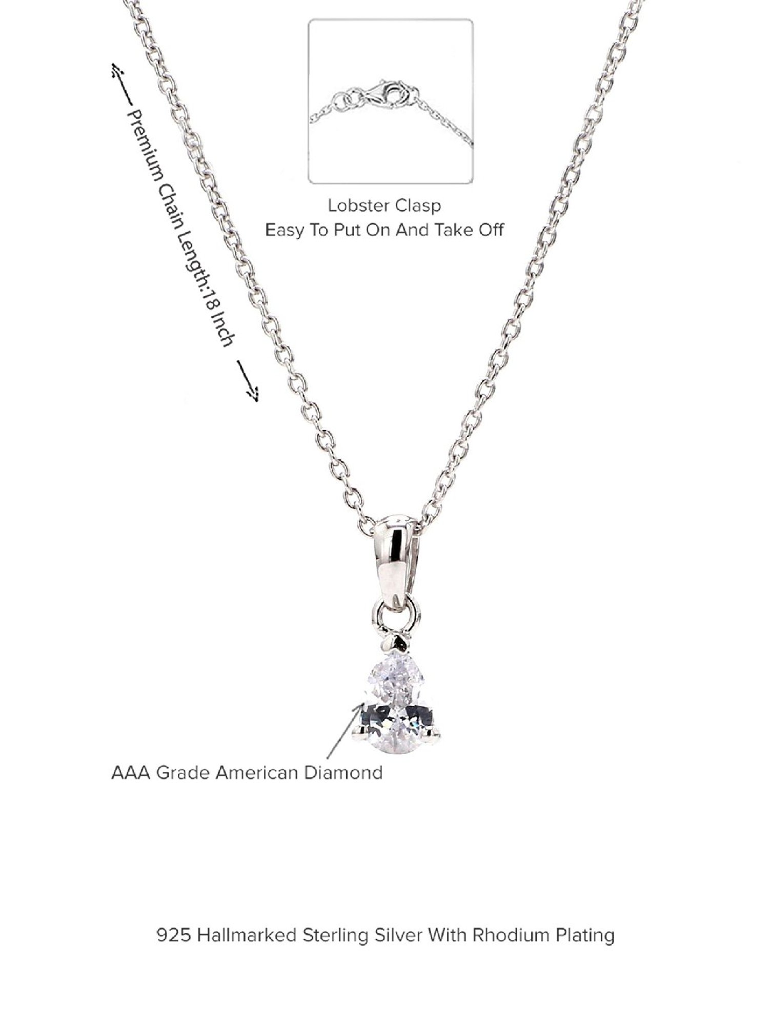925 Silver 0.5 Ct Pear American Diamond Solitaire Pendant with 18-inch Chain for Women & Girls