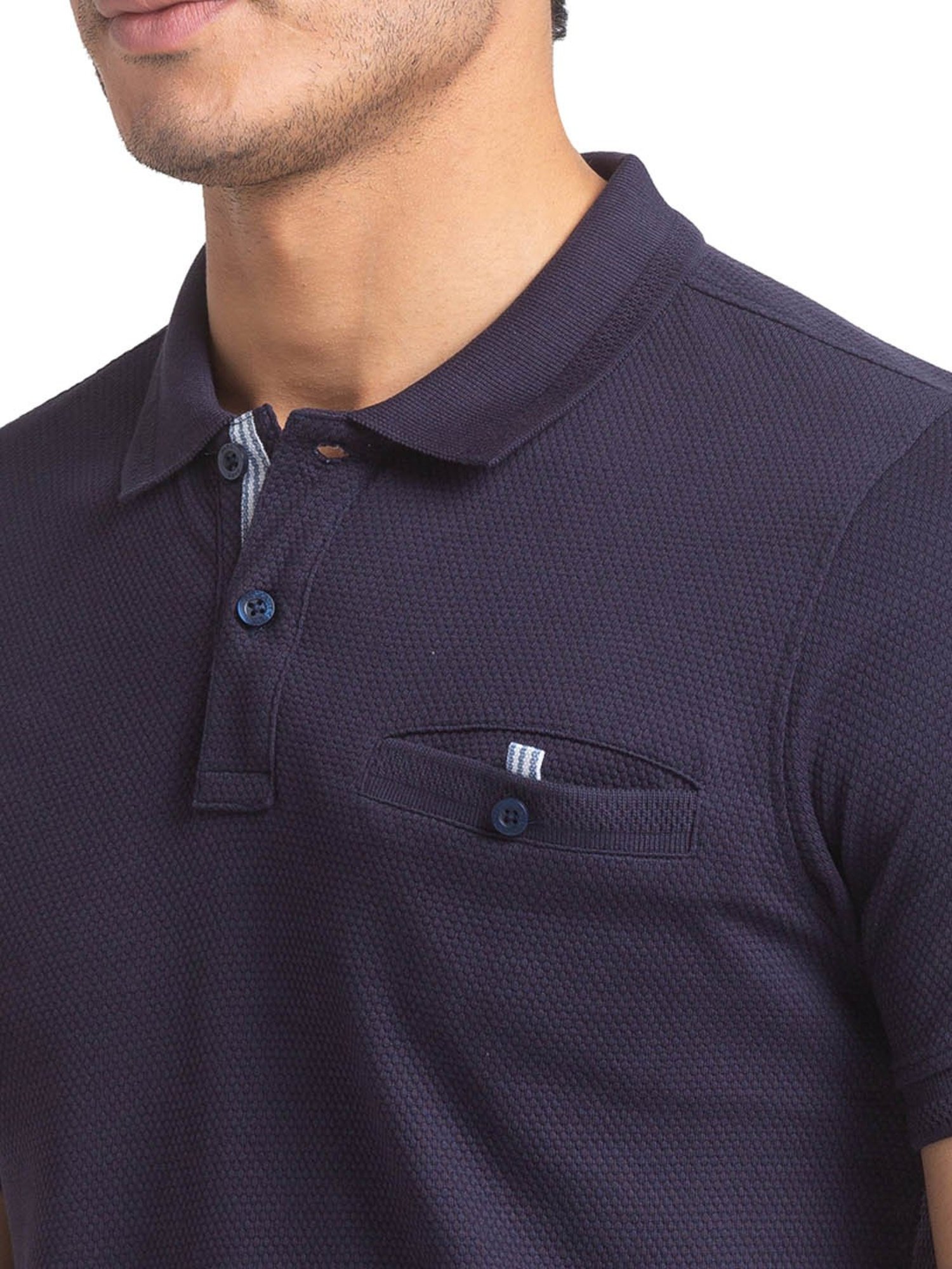 Parx Dark Blue Cotton Regular Fit Self Pattern Polo T-Shirt