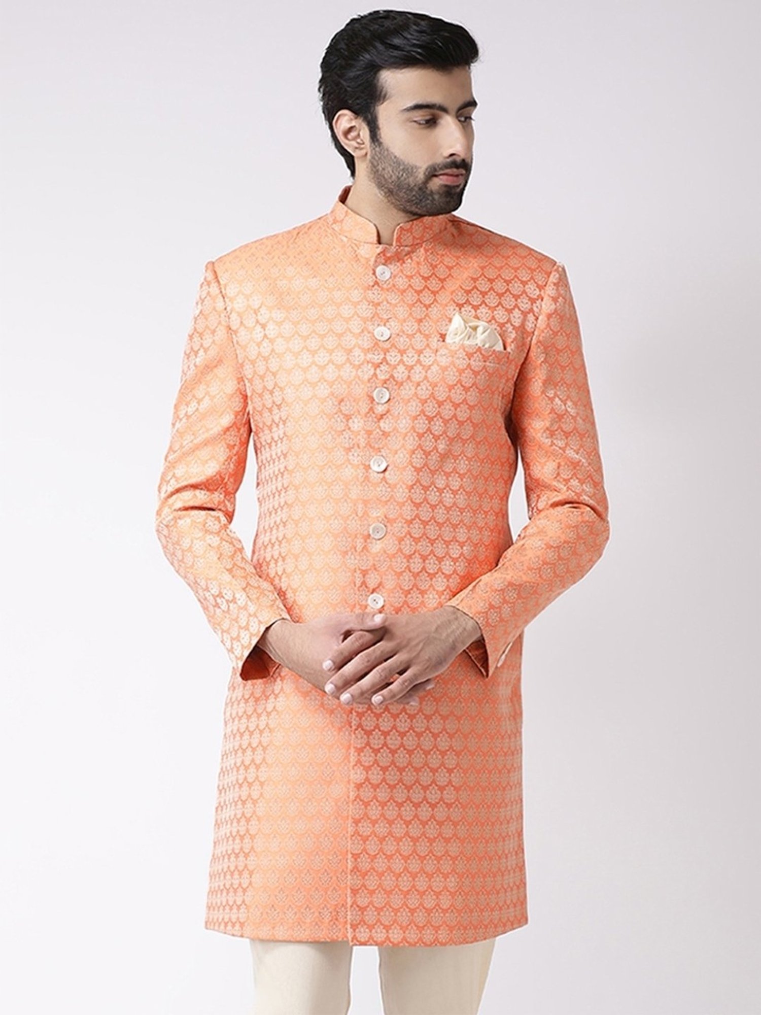 Kisah Peach Regular Fit Printed Sherwani Jacket