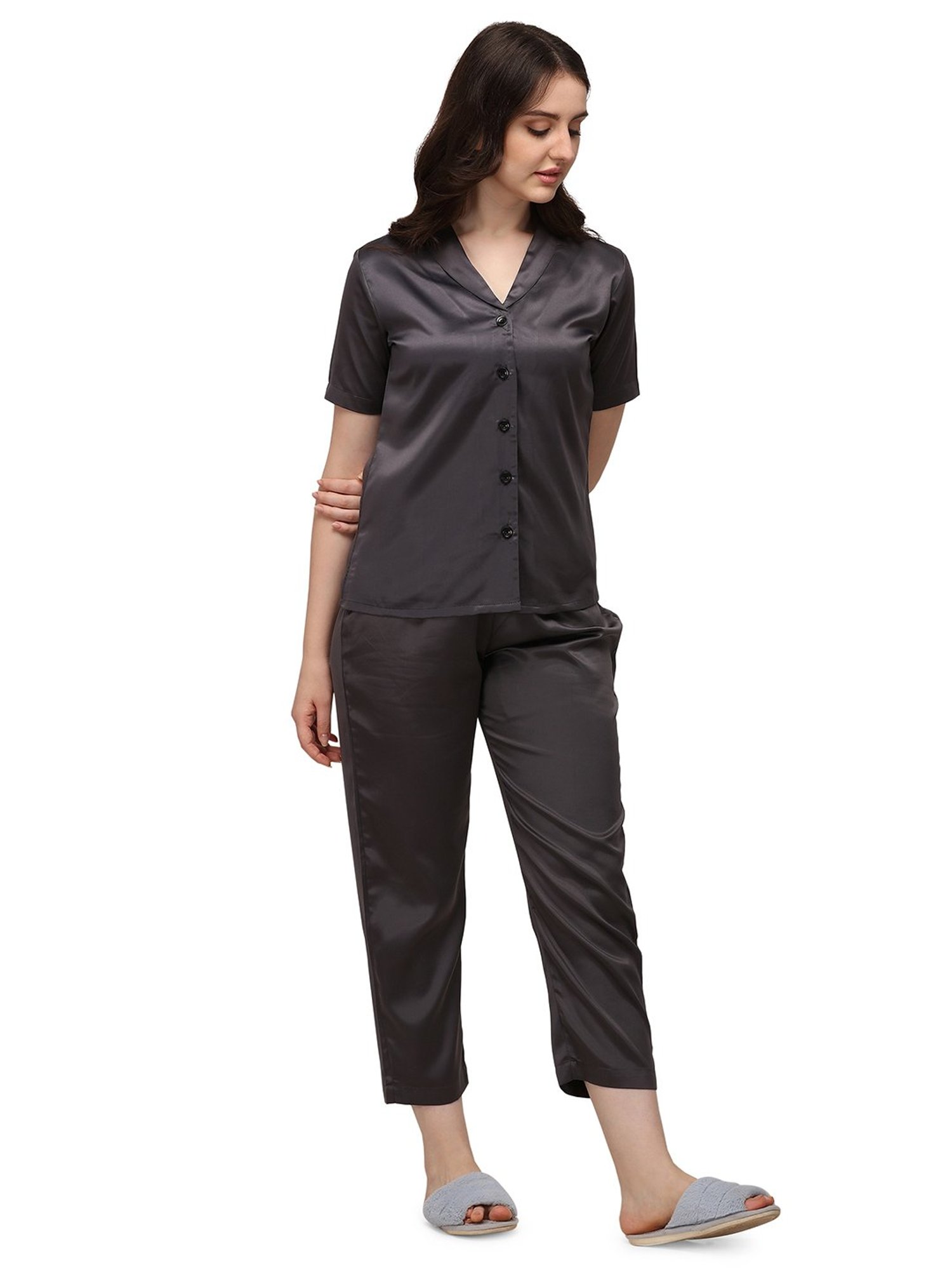 Smarty Pants Dark Grey Satin  Shirt With Pyjamas