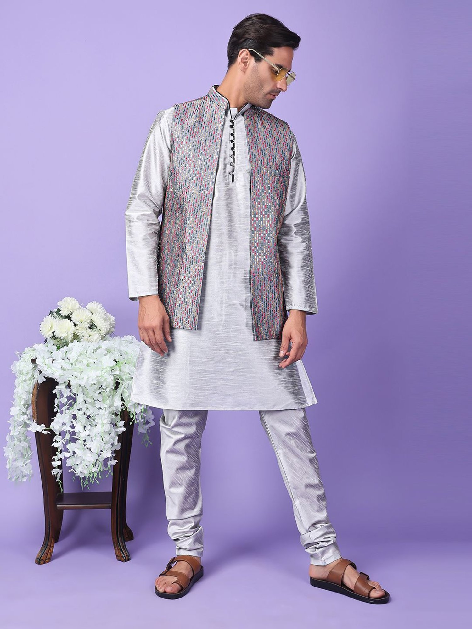Hangup Grey Regular Fit Embroidered Kurta Set With Jacket
