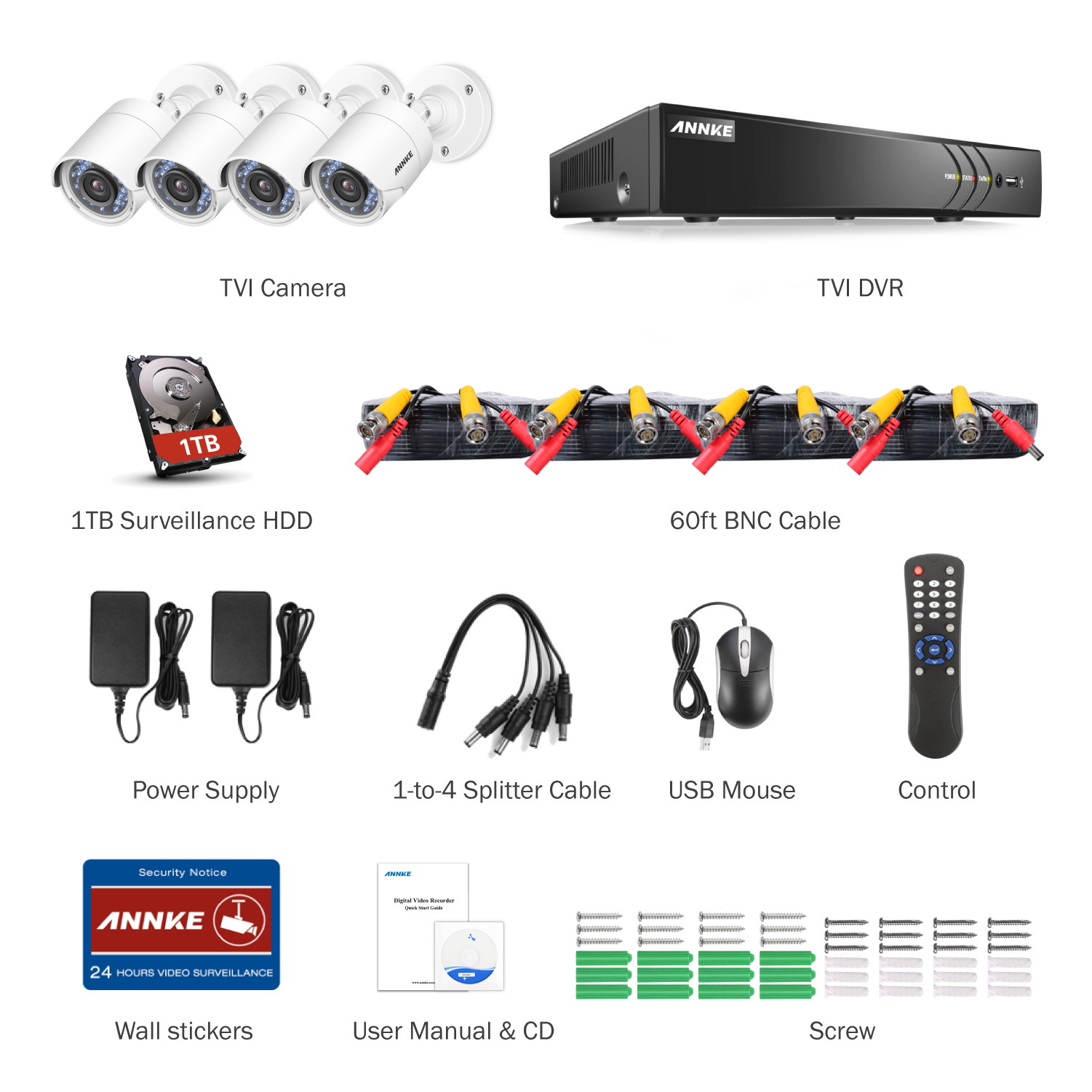 ANNKE 4 Channel Security Camera Outdoor system 3MP 1920x1536p 5-in-1 DVR Video Recorder with 1TB HDD and (4) 1080P Weatherproof Indoor&Outdoor Cameras