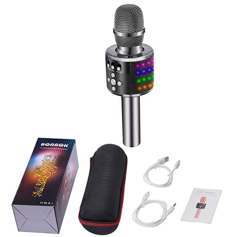 Wireless Bluetooth Karaoke Microphone with Controllable LED Lights Portable Handheld Karaoke Speaker Machine Christmas Birthday Home Party for AndroidiPhonePC or All SmartphoneSpace Gray