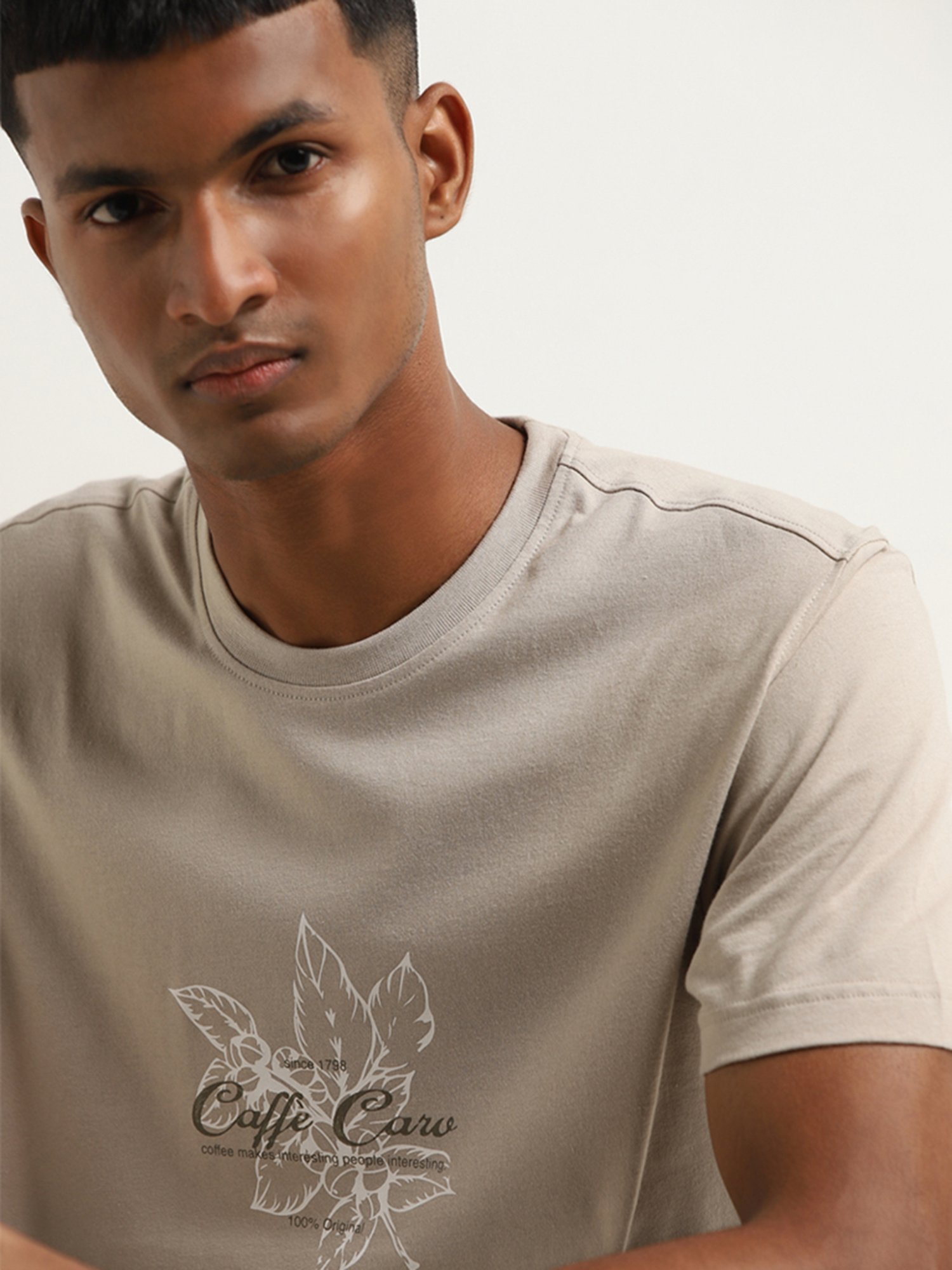 Nuon by Westside Beige Contrast Print Slim Fit T-Shirt