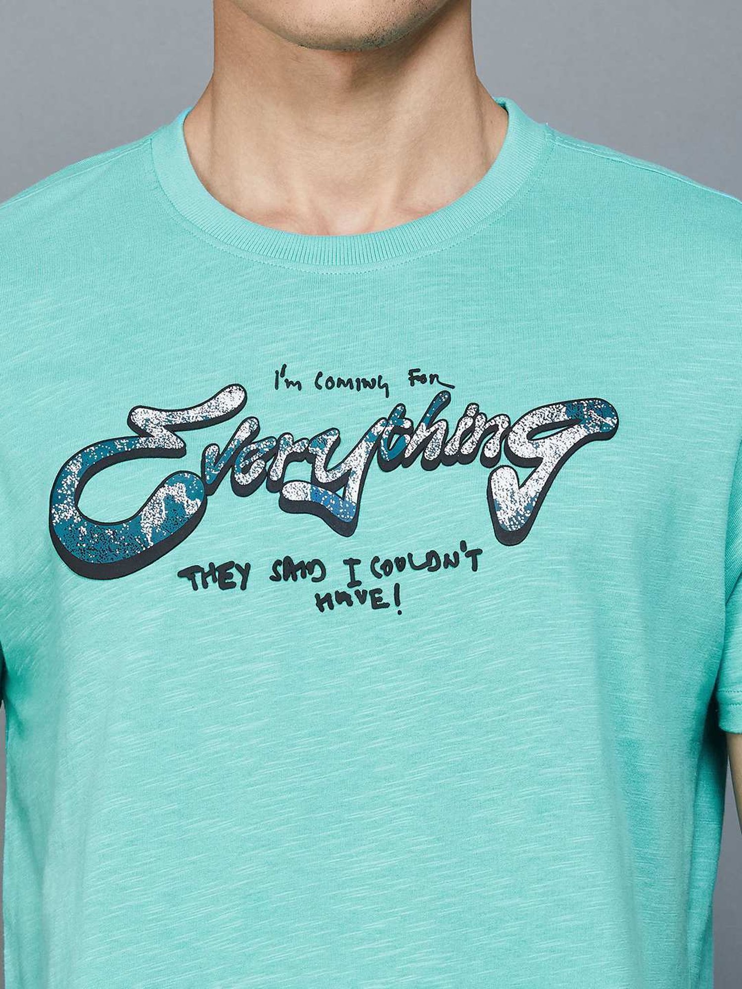 Forca by Lifestyle Turquoise Cotton Slim Fit Printed T-Shirt