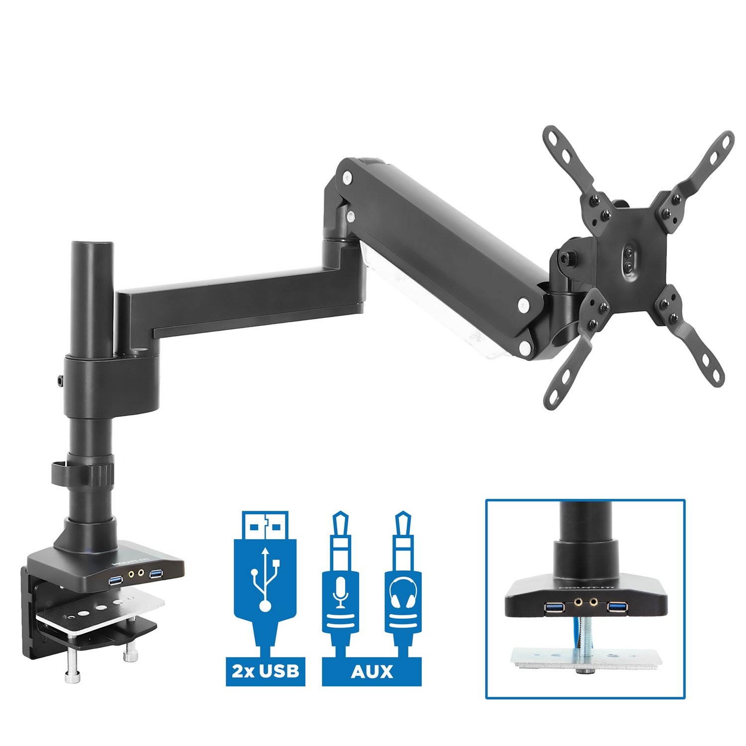 Mount-It! Single Monitor Arm Desk Mount | 35" Max Screen Size | Built In USB and Aux Ports