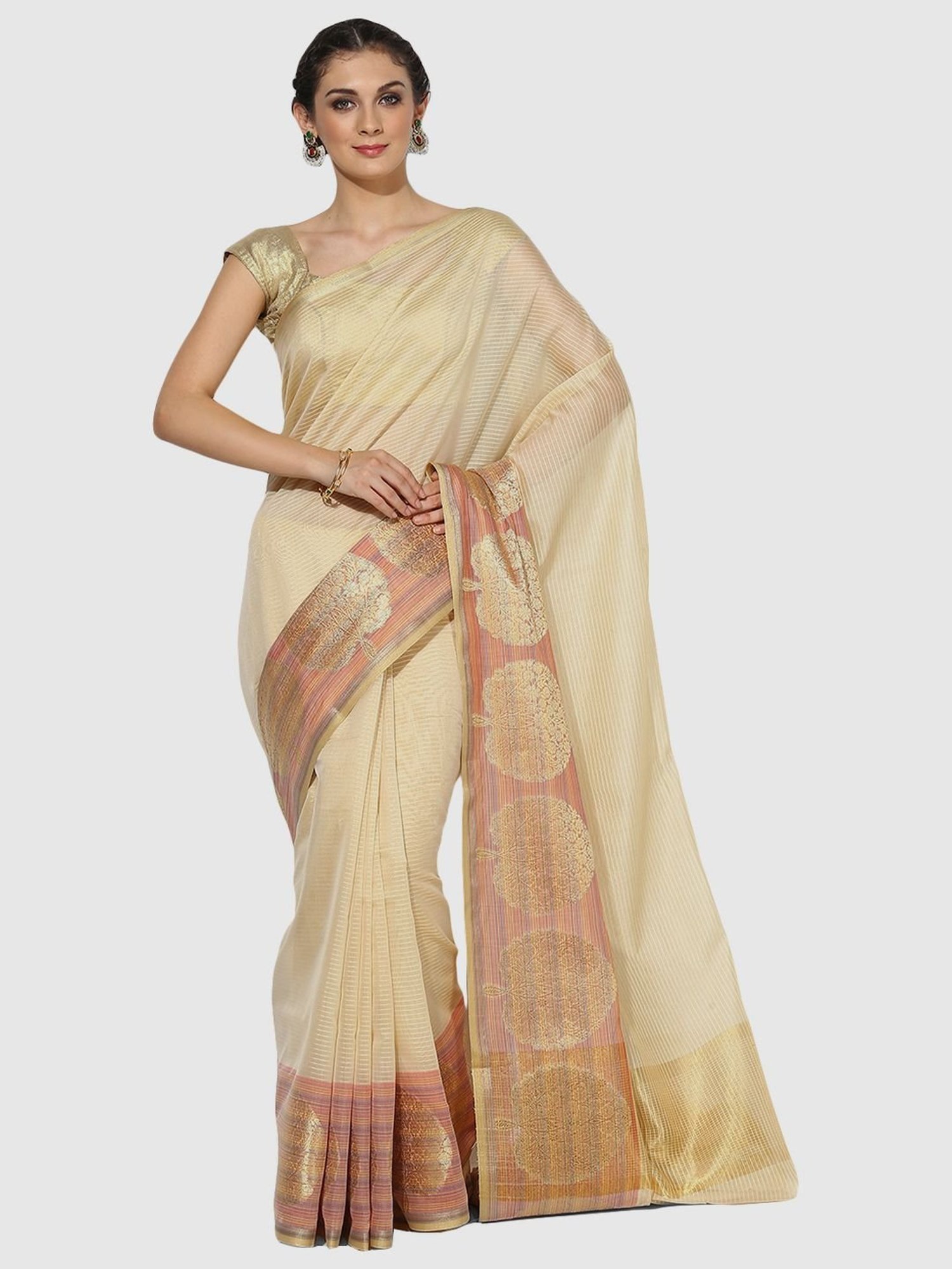 Banarasi Silk Works Cream Silk Woven Saree With Unstitched Blouse