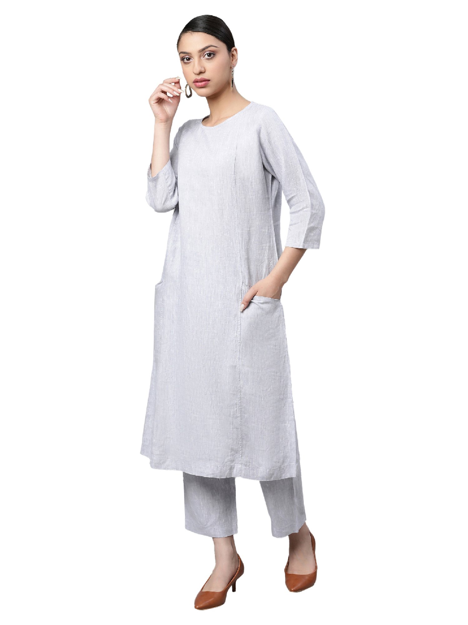 Linen Club Woman Grey Straight Kurta