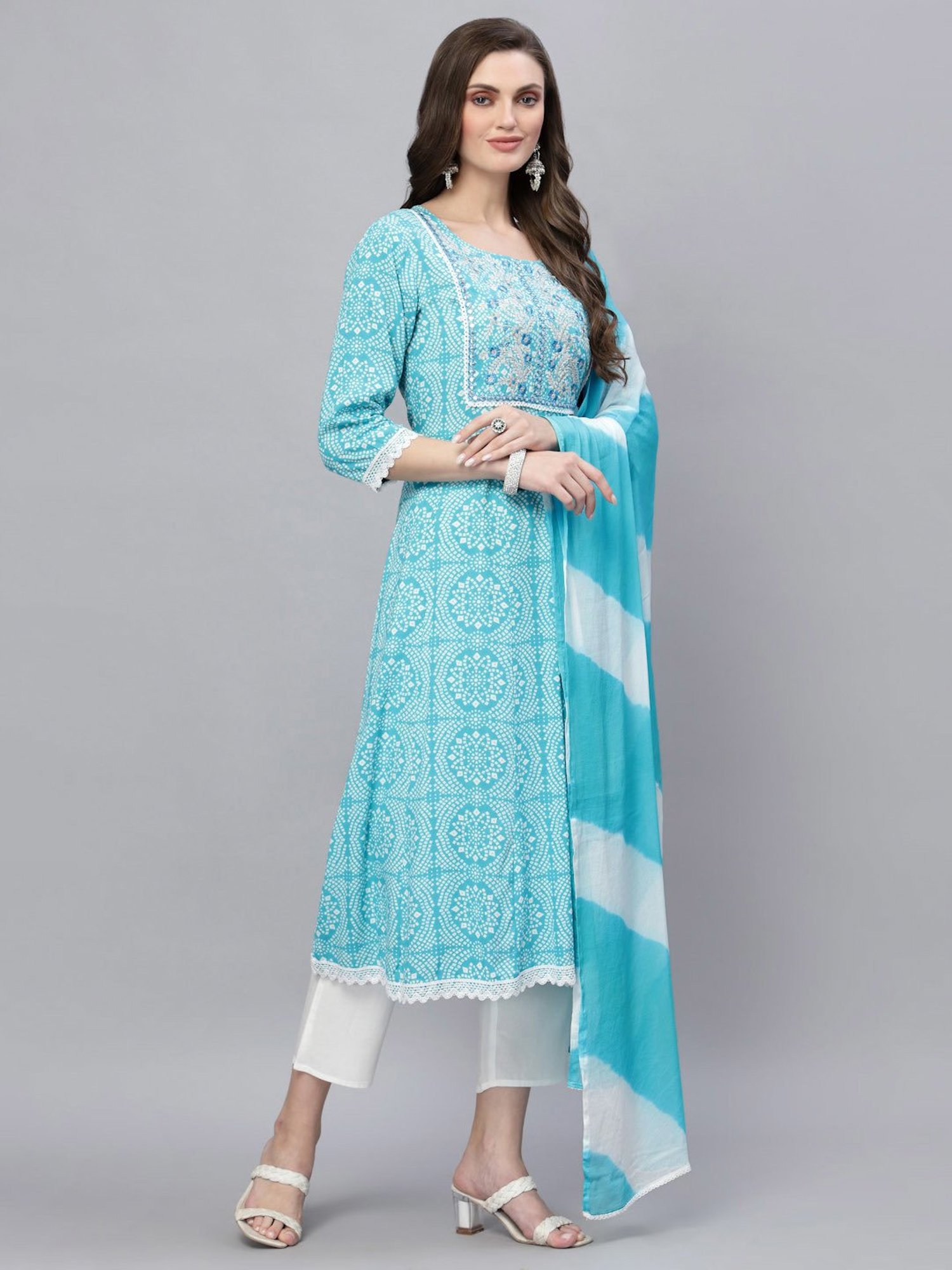 Stylum Turquoise & White Embroidered Kurta Pant Set With Dupatta