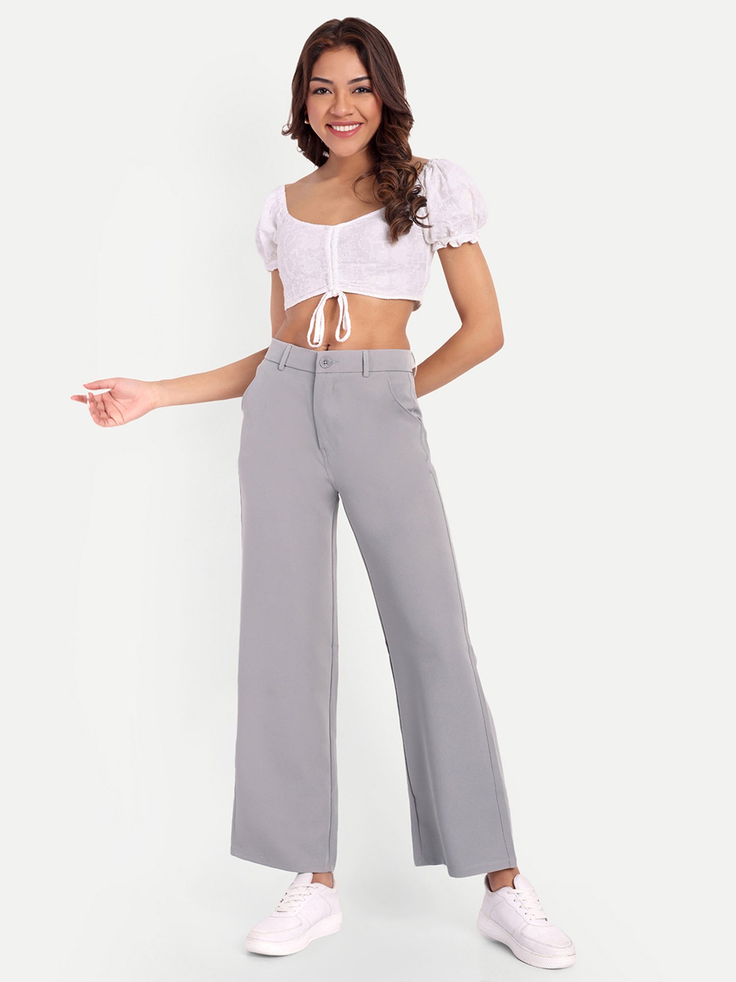Broadstar Grey Straight Fit High Rise Stretchable Trousers