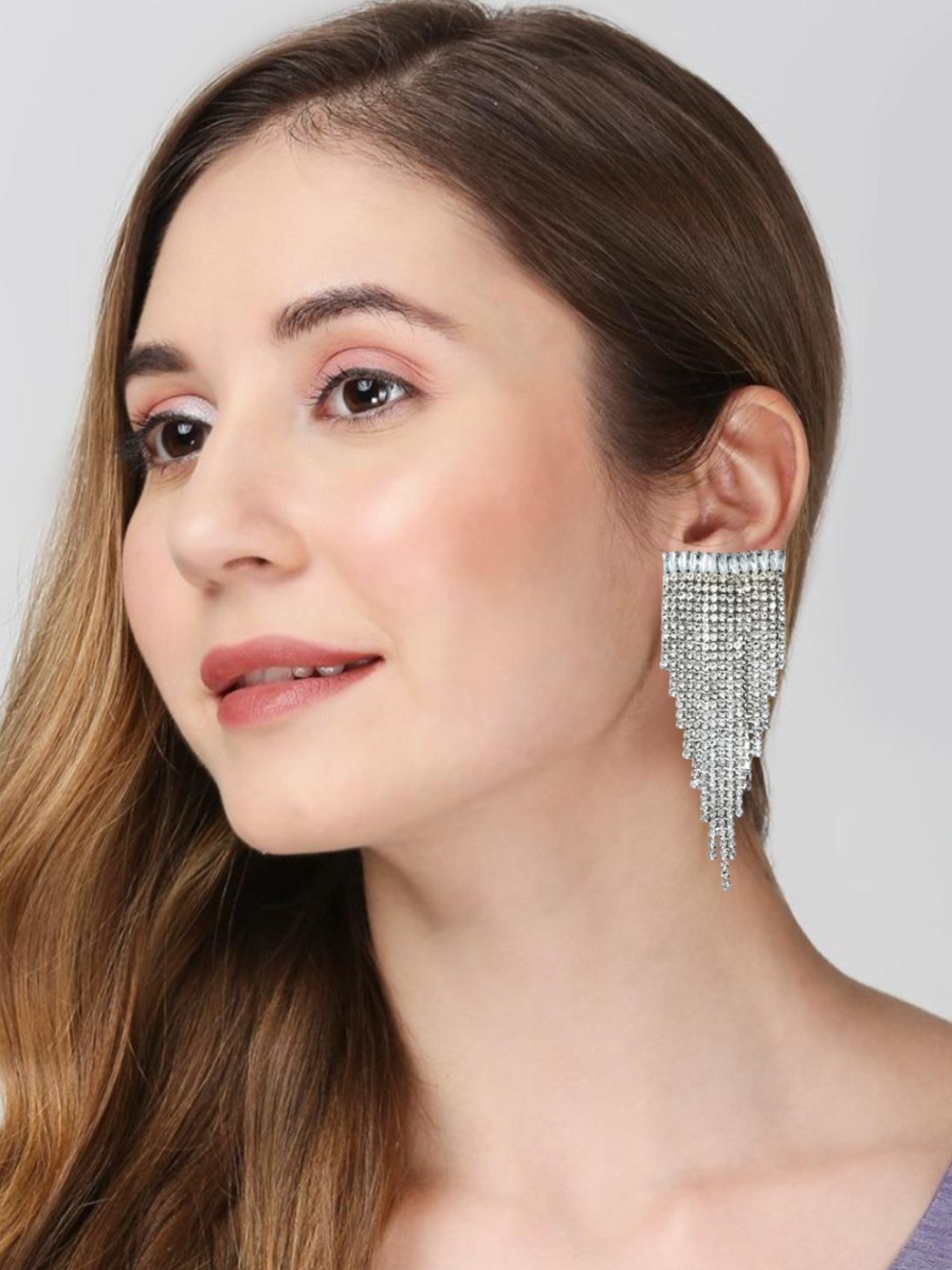 OOMPH Siver Crystal Rainfall Tassels Statement Dangler Earrings