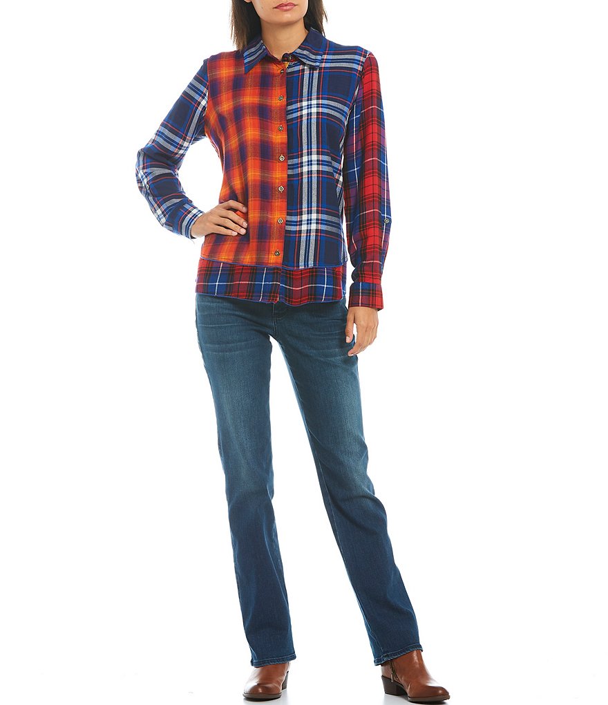 Tru Luxe Jeans Mixed Plaid Button Front Point Collar Long Sleeve Shirt