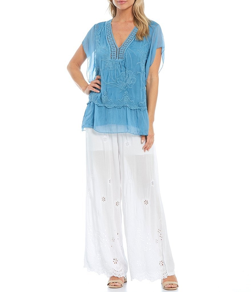 M Made in Italy V-Neck Flutter Short Sleeve Embroidered Layered Silk Blend Top