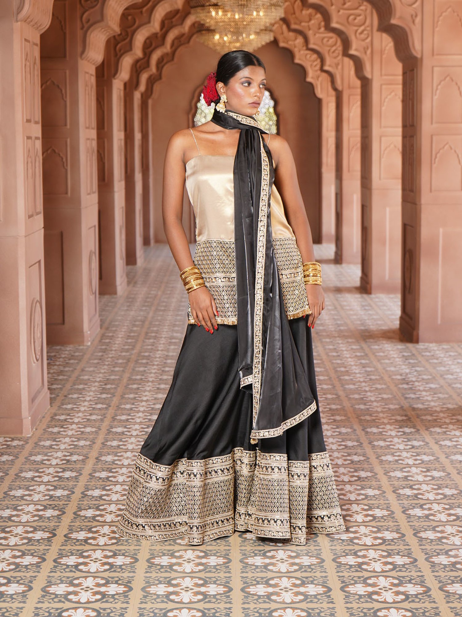 Monk and Mei Nargis Strap Kurta with Silk Sharara & Dupatta