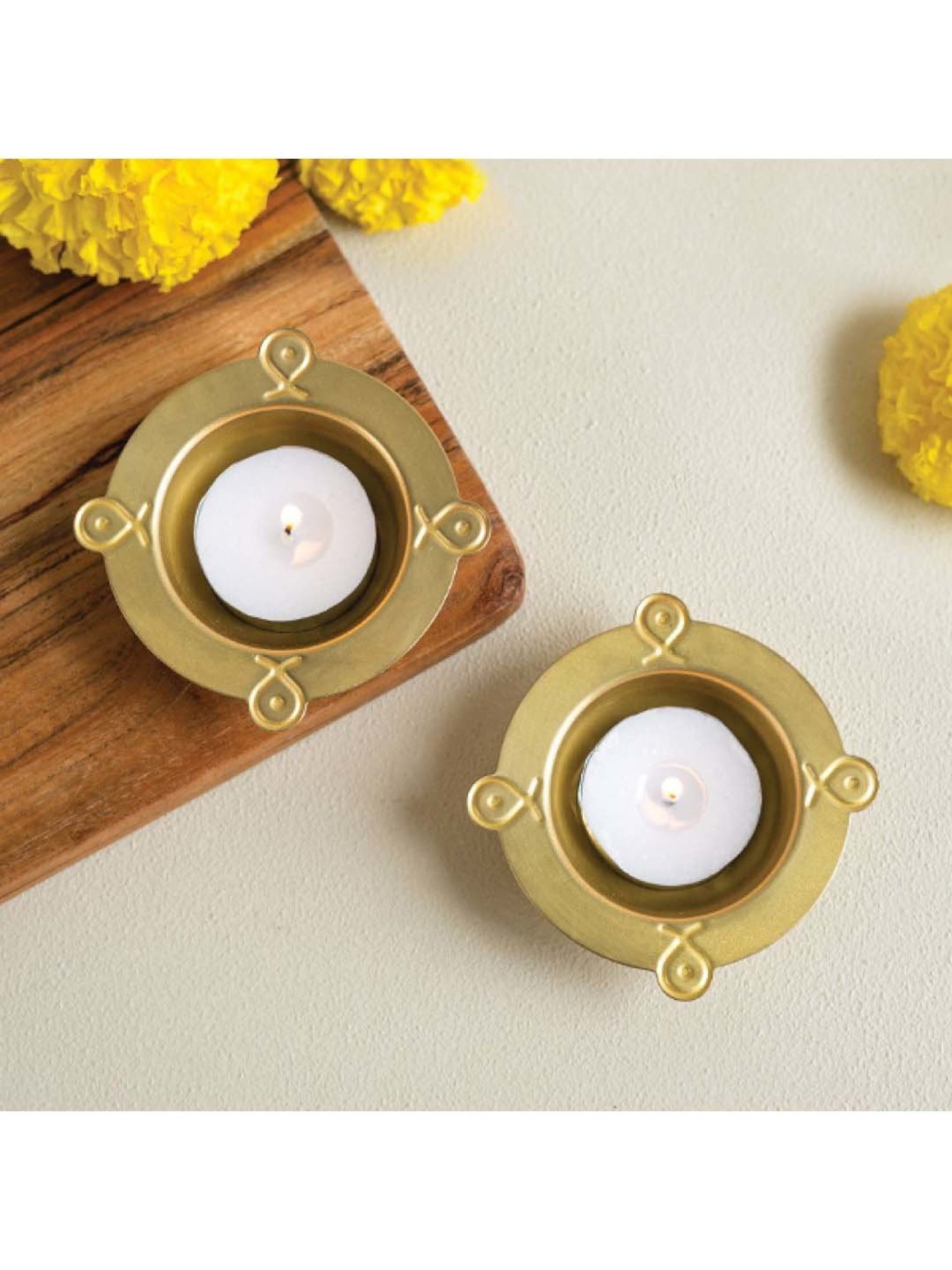 COPPRE Rangoli Golden Brass Diwali Tealight - Set of 2