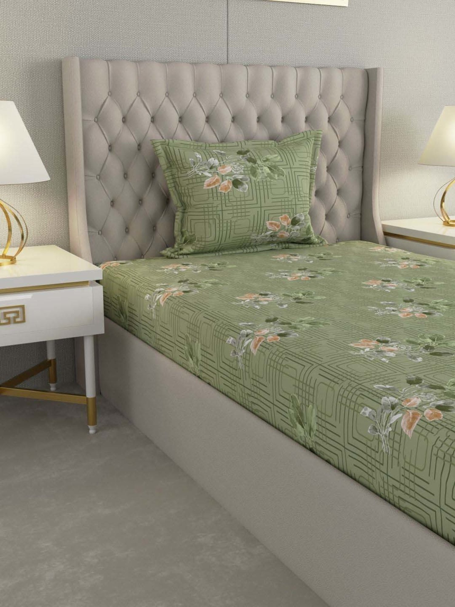 Raymond Home Delight Green 104 TC Cotton Single Bedsheet with 1 Pillow Cover