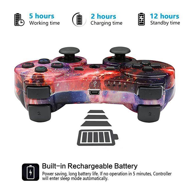 PS3 Controller 2 Pack Wireless Dual Shock Gamepad for Sony Playstation 3 with Charging Cord Skull + Galaxy