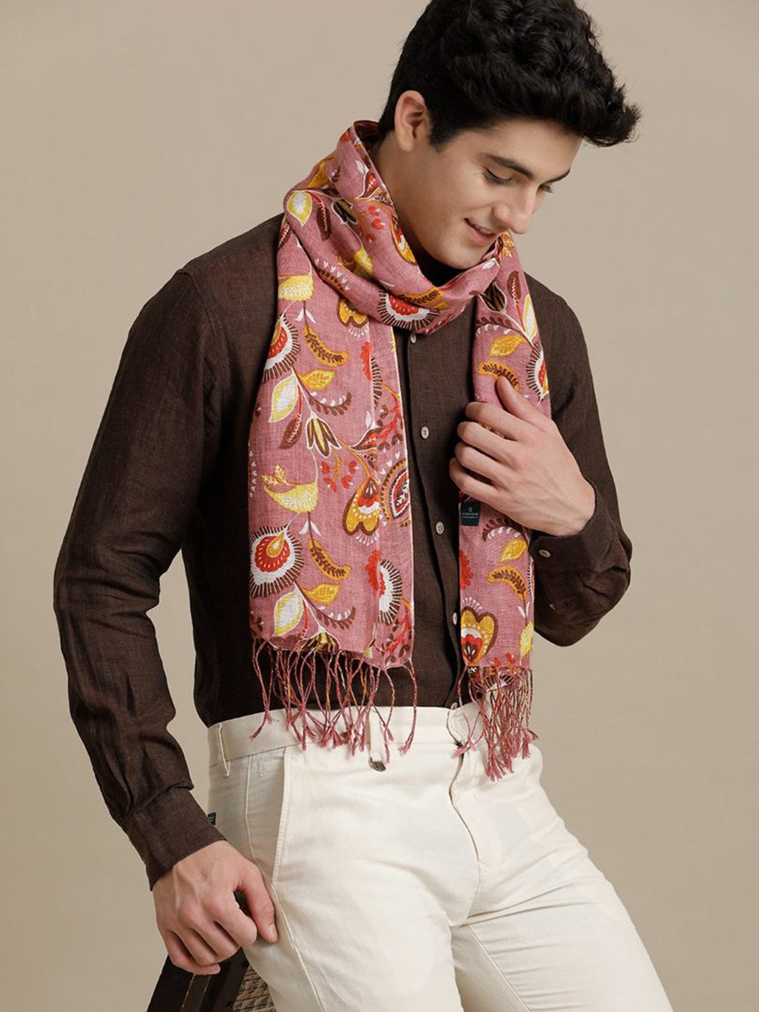 Linen Club Pink Printed Pure Linen Stole