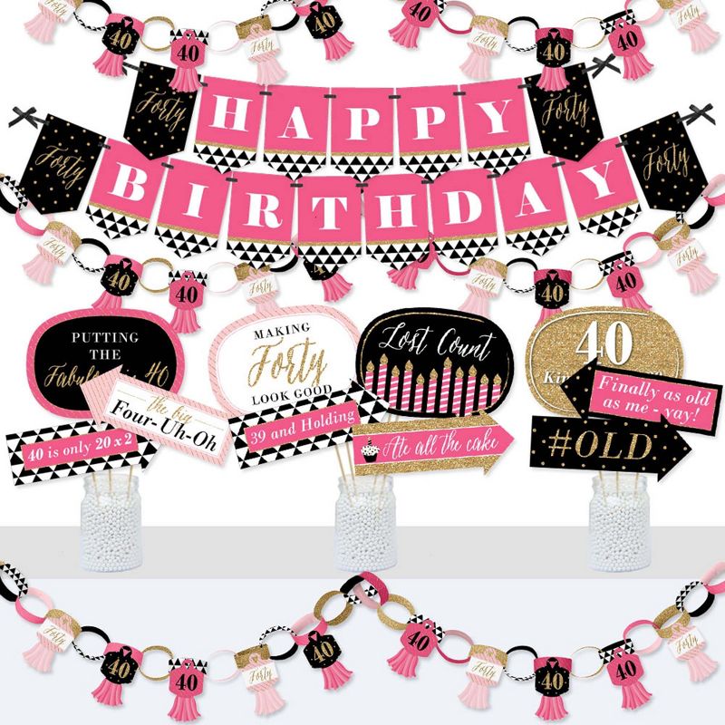 Big Dot of Happiness Chic 40th Birthday - Pink, Black and Gold - Banner and Photo Booth Decorations - Birthday Party Supplies Kit - Doterrific Bundle