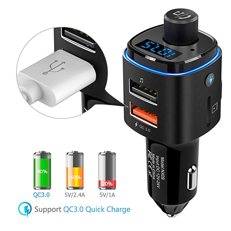 Bluetooth FM Transmitter for Car, 7 Color LED Backlit Bluetooth Car Adapter with QC3.0 Charging, Support Siri Google Assistant, USB Flash Drive, microSD Card, Handsfree Car Kit (B- Black)