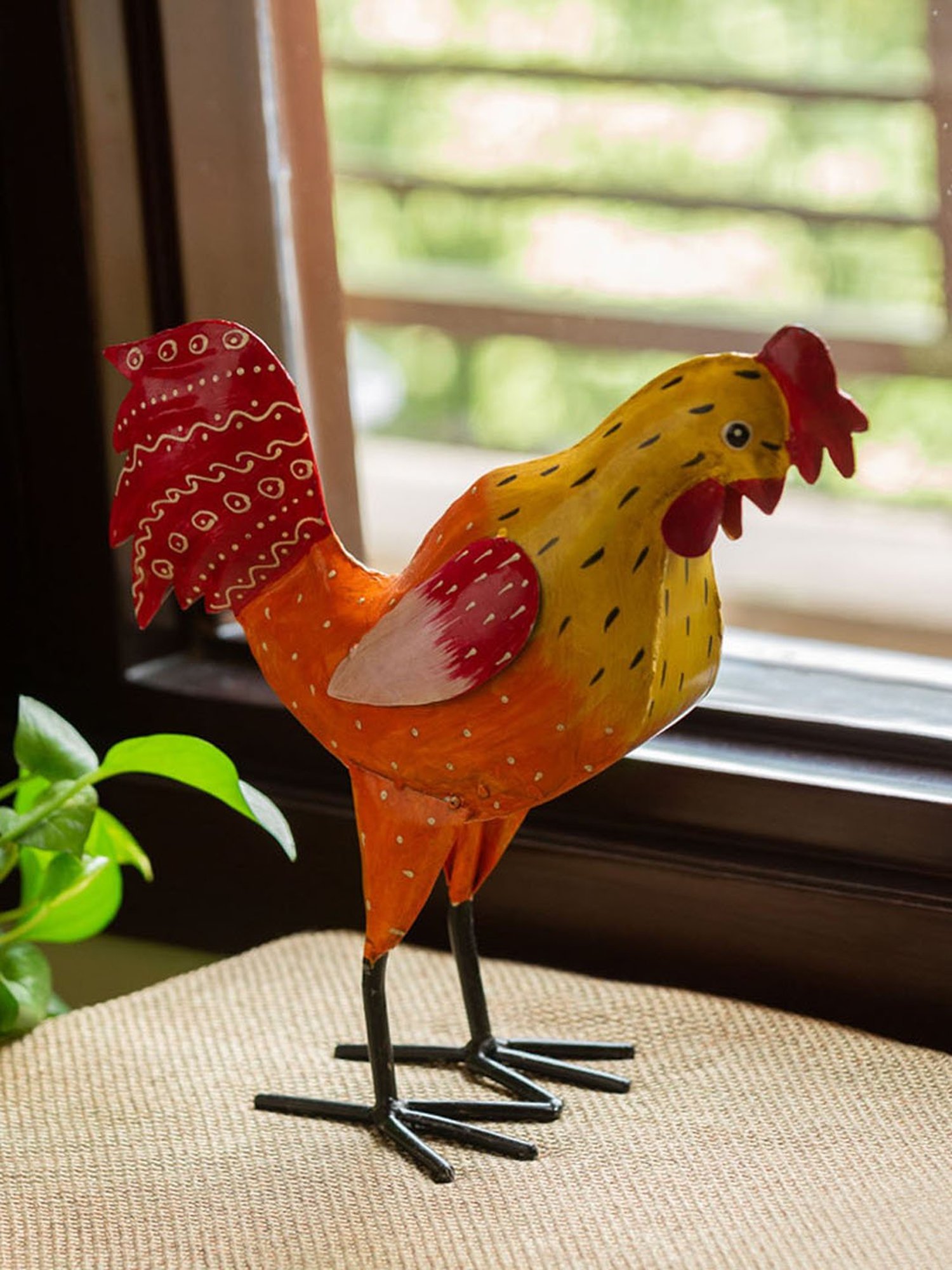 ExclusiveLane Yellow & Orange Sheet Metal Rooster Ruckus Garden Showpiece - Set of 1