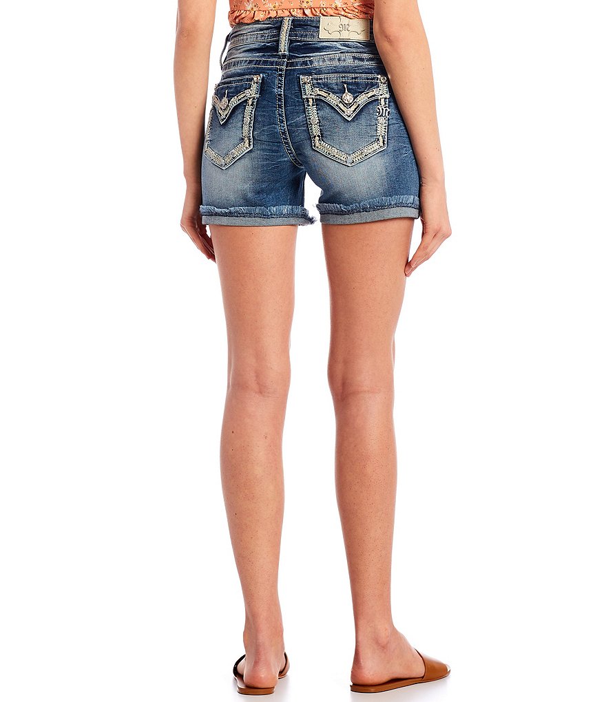 Miss Me Mid-Rise Border Stitch Flap Pocket Frayed Cuff Shorts