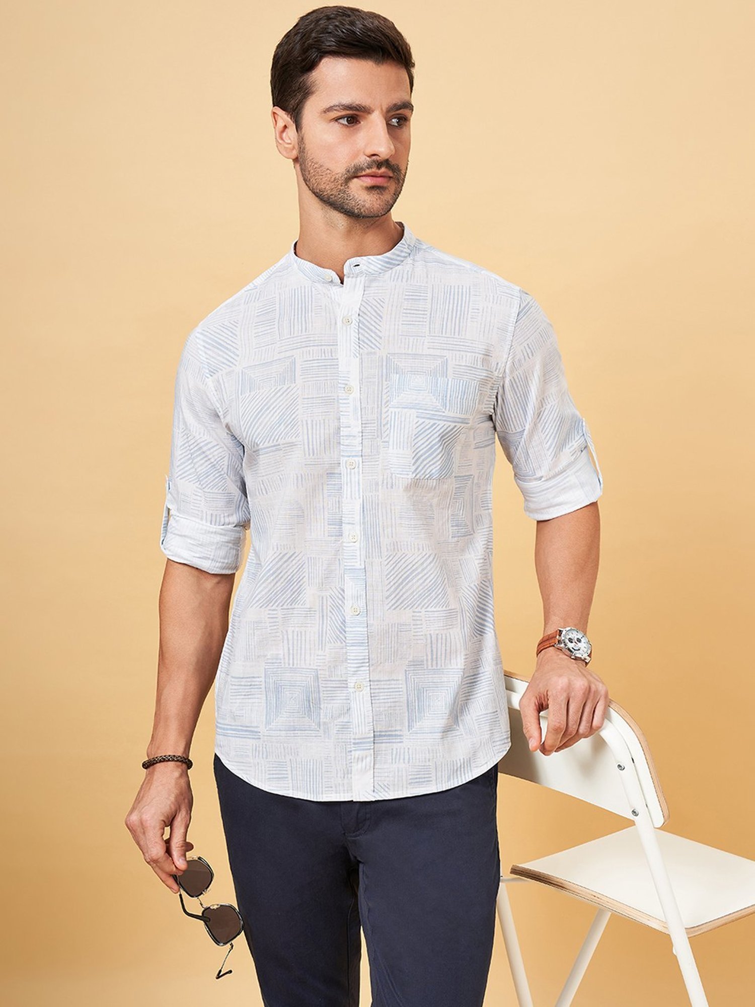 Spykar Blue Cotton Slim Fit Checks Shirt